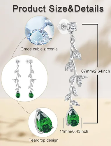 Vista 5 de Aretes largos de lágrima para mujer, diseño de lágrima, para boda, piedras natales, para mujer, regalo de joyería para el día de la madre