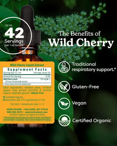 Vista 2 de Herb Pharm Extracto líquido orgánico certificado de corteza de cereza silvestre para apoyo respiratorio - 1 onza