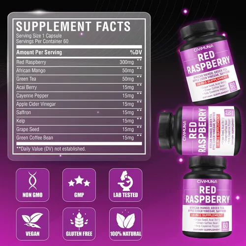 Vista 3 de Cápsulas de frambuesa roja de 5050 mg - Frambuesa roja, semilla de mango africano, hojas de té verde - Suministro para 4 meses
