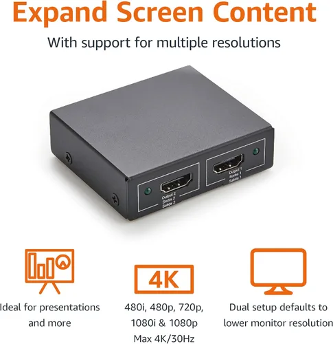 Vista 2 de Amazon Basics Divisor HDMI 1 en 2 salidas para monitores duales, 4K @30Hz, 1080P, solo espejo, negro Negro - 4K/30Hz