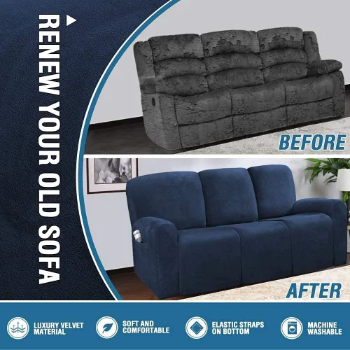 Vista 5 de Fundas elásticas de 8 piezas para sillón reclinable, de terciopelo de lujo, para sofá reclinable de 3 cojines, funda para sofá reclinable súper