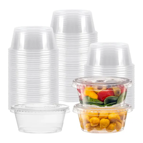 Vista 11 de TashiBox Juego de 100 vasos de plástico desechables con tapas, vasos de chupito de gelatina para soufflé