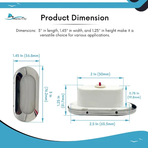 Vista 5 de MARINE CITY Luz de cortesía ovalada LED IP66, 24V 1.5W, acero inoxidable 304, impermeable, blanco suave