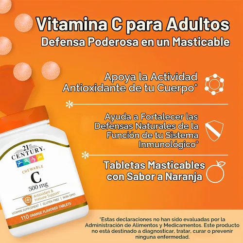 Vista 2 de 21st Century Vitamina C 500 mg Tabletas masticables, Naranja, 110 unidades Vitamin C 500 mg Chewable with Natural Orange Flavor, Daily Immune &