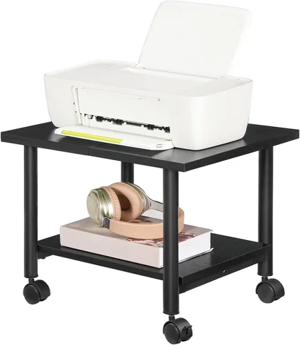 Vista 4 de HOOBRO Soporte para impresora, carrito de impresora industrial debajo del escritorio de 2 niveles con estante, estante de almacenamiento móvil Negro