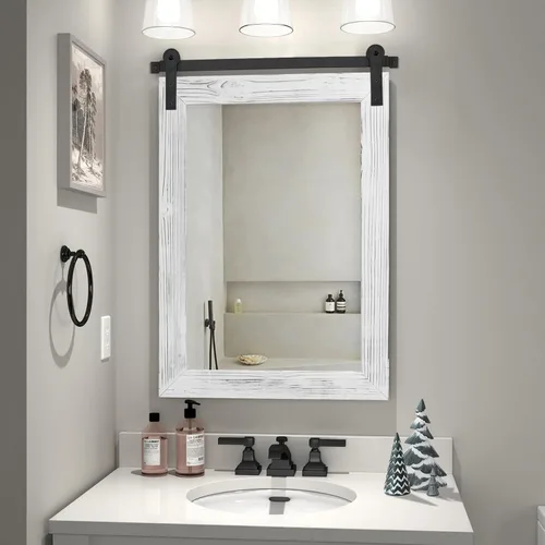 Vista 39 de COGOOD Espejo de puerta de granero de granja, 25 x 18 pulgadas, espejo decrativo con marco de madera rústica para baño, sala de estar, decoración