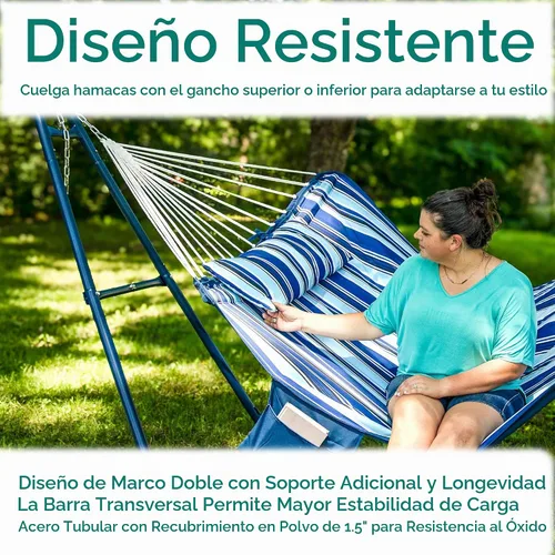 Vista 3 de Sunnydaze soporte para hamaca universal multiuso de acero resistente de 550 libras de capacidad, para 2 personas, para hamacas de 9 a 14 pies de Azul
