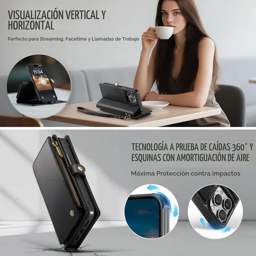 Vista 5 de Defencase Funda Cartera Magnética para iPhone 14 Pro Compatible con Magsafe con Bloqueo RFID Portador de Tarjetas con Correa de Cremallera