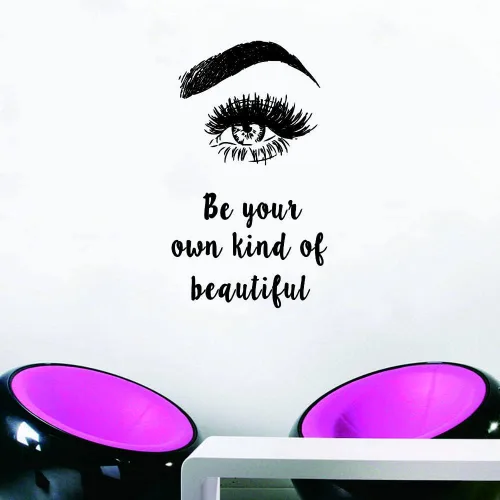 Vista 3 de Calcomanía de pared de pestañas y maquillaje, con texto en inglés «Be Your Own Kind of Beautiful Quote», adhesivo de vinilo extraíble para salón