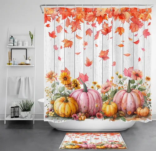 Vista 16 de HVEST Cortina de ducha con ganchos, calabaza espeluznante y fantasma con sombrero de bruja negro, juego de cortina de ducha naranja con flores