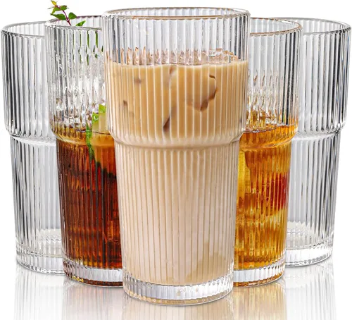 Vista 8 de Juego de 6 lindos vasos de vidrio acanalados, vaso de vidrio transparente vintage de 14 oz, estilo origami, diseño acanalado, ideal para agua, café