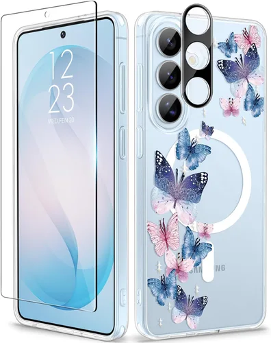 Vista 83 de GVIEWIN Funda protectora para Samsung Galaxy S25, transparente floral, delgada, a prueba de golpes, para mujer, no se pone amarilla, con protector