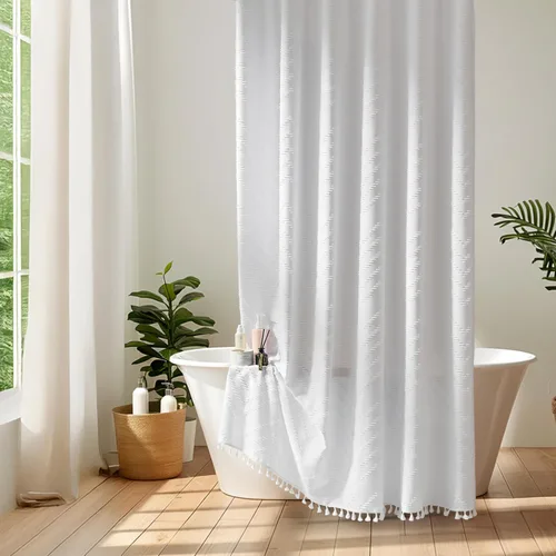 Vista 151 de Cortina de ducha Siiluminisoy de 36x72 beige, cortina de ducha de tela de tamaño pequeño, cortinas de ducha de tela con tufting, diseño chevron a