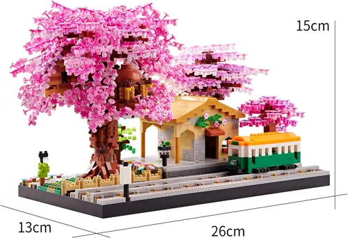 Vista 4 de Juego de bloques de construcción de micro bloques de construcción japoneses de cerezo en flor para adultos, modelo de mini ladrillos, casa