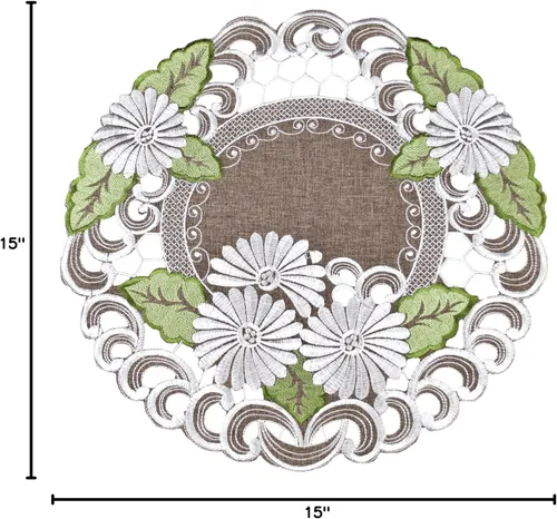 Vista 6 de LINENS Art and Things - Mantel individual bordado perlado con hojas verdes sobre marrón (redondo de 15 pulgadas)