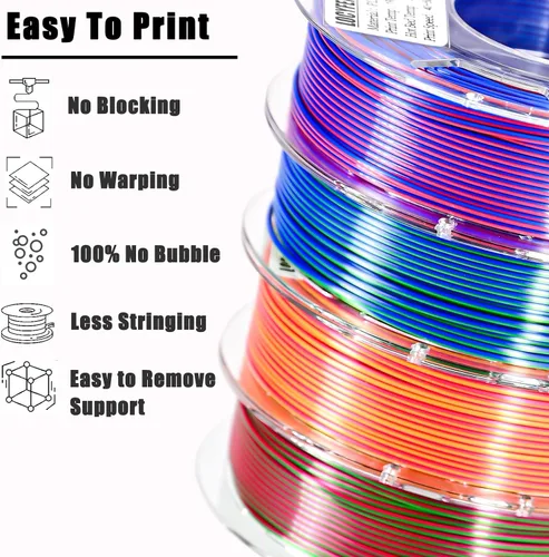 Vista 5 de Filamento para Impresora 3D PLA, Filamento PLA Arcoíris 1.75mm +/-0.02mm, Filamento PLA de Seda de Doble Color, Paquete de Filamento 3D Coextruido 2