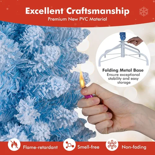 Vista 5 de GOFLAME - Árbol de Navidad artificial de 6 pies con luces LED blancas cálidas preiluminadas, árbol de Navidad con flecos de nieve, 435 puntas
