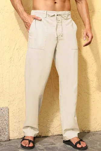 Vista 2 de JMIERR Pantalones casuales de lino para hombre, ajuste holgado, piernas rectas, cintura elástica, pantalones de verano, playa, yoga