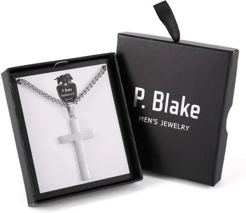 Vista 7 de P. BLAKE Collar con colgante de cruz de acero inoxidable para hombres y niños, colgante de cruz cristiana con cadena de 24 pulgadas