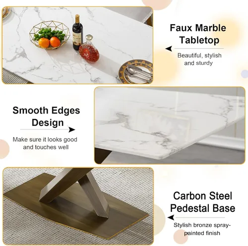 Vista 5 de Juego de mesa de comedor de mármol blanco de lujo para 4, 70 pulgadas, mesa de comedor de mármol blanco con 4 sillas de terciopelo gris y base