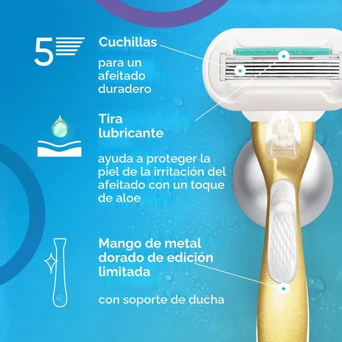 Vista 2 de Gillette Venus Mango de maquinilla de afeitar extra suave y sensible dorado para mujer + 2 recambios de cuchilla, incluye soporte de ducha