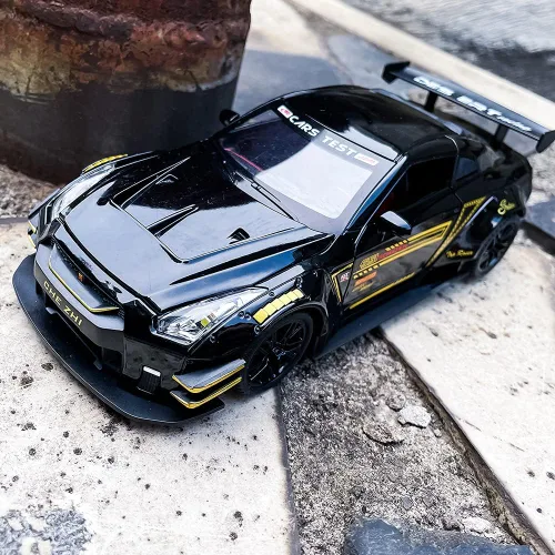 Vista 4 de BDTCTK - Coche modelo compatible de escala 1/24 para Nissan GTR, juguete de aleación de zinc con sonido y luz para niños y niñas (negro)