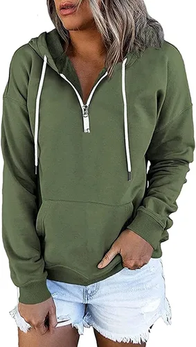 Vista 2 de Sudadera con capucha y media cremallera para mujer, con cordón, atlética, moderna, con bolsillo frontal, manga larga, para otoño