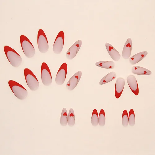 Vista 2 de Uñas postizas a presión de punta francesa de almendra, medianas, uñas postizas acrílicas artificiales con diseño de corazón de amor rojo, cobertura