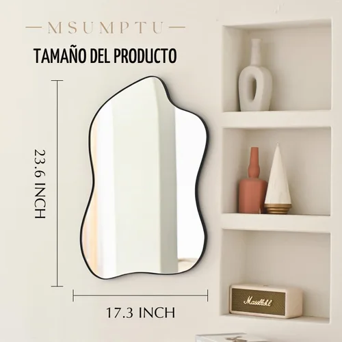 Vista 3 de Espejo de Pared Irregular Negro con Forma de Onda, Espejo de Pared con Marco de Metal para Baño, Dormitorio, Entrada, Sala de Estar, Decoración