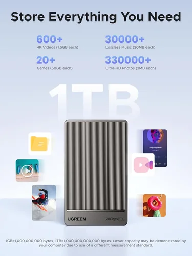 Vista 3 de UGREEN SSD portátil de 1 TB hasta 2000 MB/s, disco duro externo USB C SSD con USB 3.2 Gen 2x2, unidad externa de estado sólido compatible con iPhone