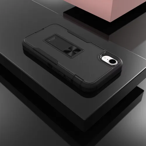 Vista 6 de Funda para iPhone XR, Apple XR con protector de pantalla de vidrio templado, soporte magnético resistente de doble capa a prueba de golpes para Negro