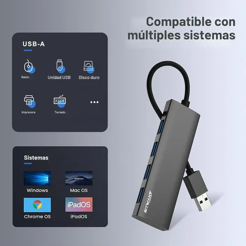Vista 5 de Concentrador USB, concentrador USB 3.0 de aleación de aluminio ultra delgado divisor USB, extensor USB portátil de 4 puertos, concentrador USB
