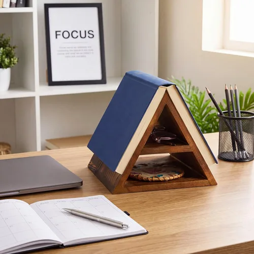 Vista 6 de Menkxi Soporte triangular de madera para libros de 7 x 7 x 6 pulgadas, color oscuro, madera de pino