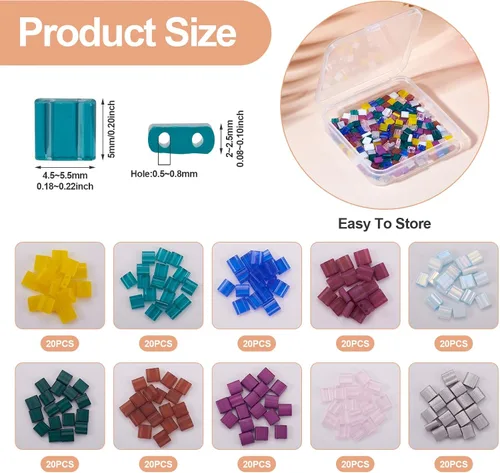 Vista 5 de Pandahall - 200 cuentas de vidrio cuadradas planas, cuentas de Tila de 2 agujeros en 10 colores para hacer pulseras, collares y aretes, joyería