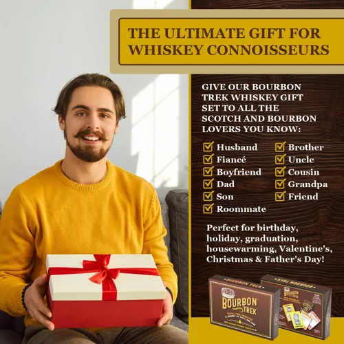 Vista 2 de Juego en caja de regalos de whisky para hombres, incluye populares trivias de whisky, 2 vasos de bourbon, 6 piedras, 2 posavasos de pizarra, 1