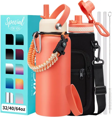 Vista 21 de Botellas de agua de 32 onzas aisladas con pajita y tapa para beber de un sorbo, asa de paracord, bolsa de transporte con correa, termo de triple
