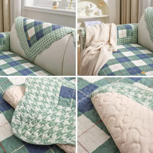 Vista 7 de vctops Funda de sofá de algodón a cuadros Buffalo Check estilo granja, funda acolchada de patchwork para sofá seccional, funda antideslizante