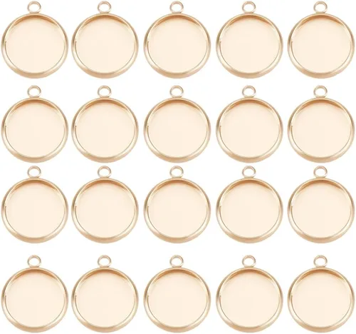 Vista 11 de Beebeecraft 24 bandejas colgantes redondas de bisel en blanco de 6/10/0.472 in, chapado en oro de 18 quilates, configuración de base de cabujón