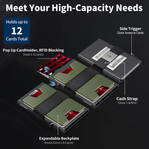 Vista 20 de Cartera delgada de aluminio para hombre, placa trasera expandible duradera, bloqueo RFID, billetera desplegable de metal minimalista, con capacidad