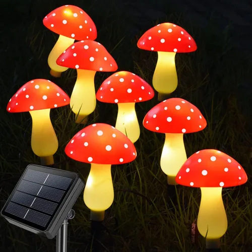 Vista 7 de Paquete de 8 luces solares de hongos rojos para decoración de jardín al aire libre