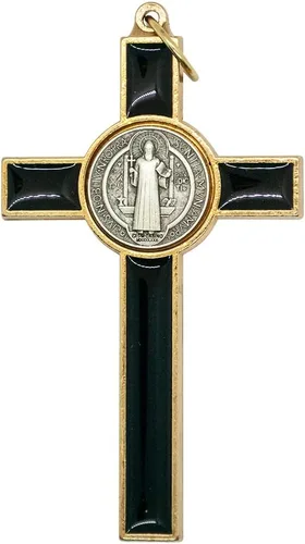 Vista 2 de Medalla de San Benito Crucifijo Santo Patrón de los Estudiantes y Europa Incluye estuche y cordón Gran regalo católico para la primera Negro