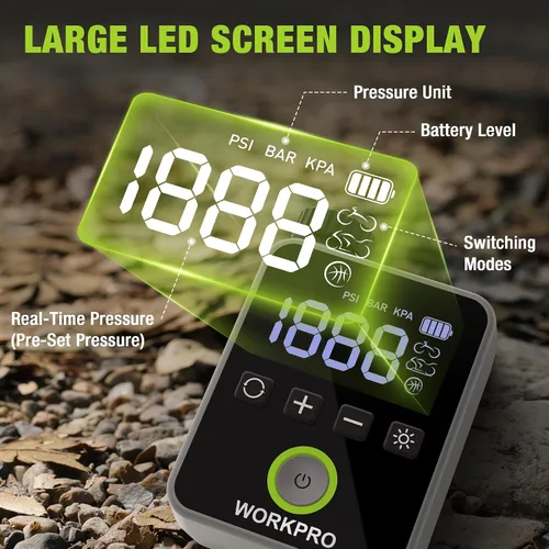 Vista 5 de WORKPRO Mini bomba eléctrica de la bici, inflador portátil del neumático de 140 PSI Digital Gauge, Auto Shut-Off, 3 Inflation Modes, LED Light