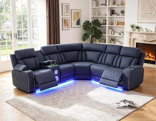 Vista 26 de Juego de sofá modular reclinable eléctrico para sala de estar, juego de sofá reclinable de cuero con luces LED / almacenamiento oculto, sofá