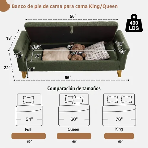 Vista 2 de Banco de almacenamiento de 66 pulgadas para dormitorio, banco tapizado en Verde oliva