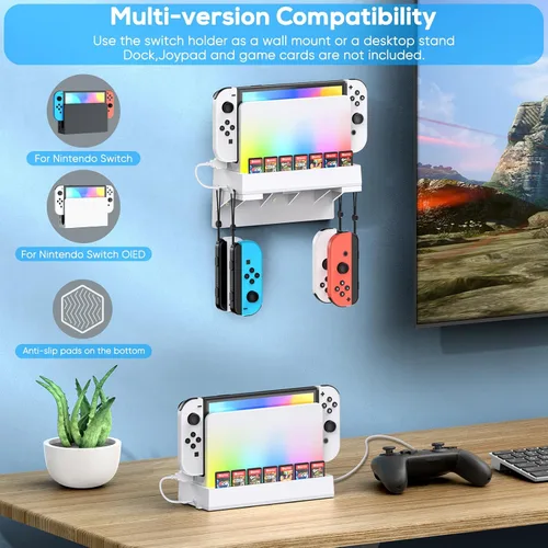 Vista 2 de Kit de montaje en pared para Nintendo Switch y OLED, soporte de consola de muelle de interruptor, accesorios de interruptor con 7 modos de luz, 7