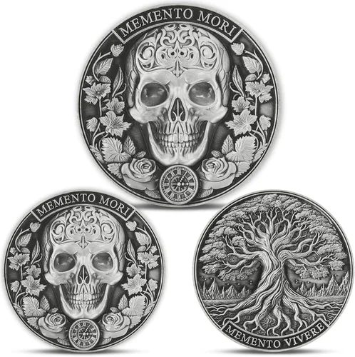 Vista 8 de Memento Mori Stoic Coin - Parca y reloj de arena, lápida de serpiente - Ficha de recordatorio de bolsillo con vitrina (moneda individual)