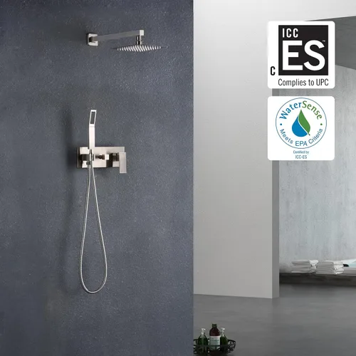 Vista 2 de SUMERAIN Sistema de ducha de lluvia de níquel cepillado con ducha de mano, sistema de cabezal de ducha de equilibrio de presión con válvula áspera