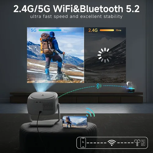 Vista 4 de [Soporte ajustable de 360°] Mini proyector con WiFi y Bluetooth: enfoque eléctrico y Keystone automático compatible con 1080p, 15000L, proyector