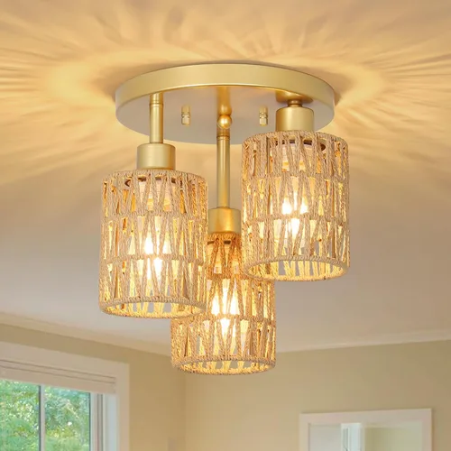 Vista 10 de Lámparas de Techo Bohemias de 3 Luces Montaje en Techo, Candelabro de Ratán Estilo Granja, Pantalla de Jaula Tejida a Mano Montaje Semi Empotrado