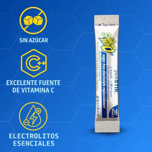 Vista 3 de Bebida en polvo Qwik Stik de Sqwincher, con electrolitos y sin azúcar (contiene 50 unidades), cítrico (Cool Citrus), 50 Zero sugar electrolyte